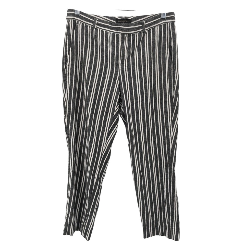 Banana Republic Avery Pants Women 4 Gray White Striped Linen Blend Straight Leg